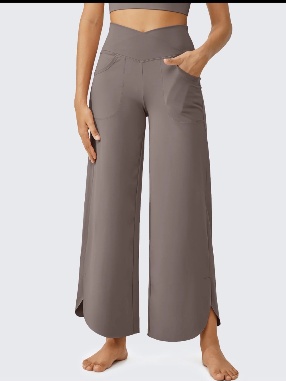 ⭐️NWT!⭐️G4Free Palazzo Yoga Pants Taupe Sz 8/M w MEASUREMENTS Tulip Hems Pockets